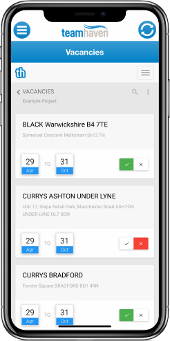 Phone showing vacancies on TeamHaven Mobile app