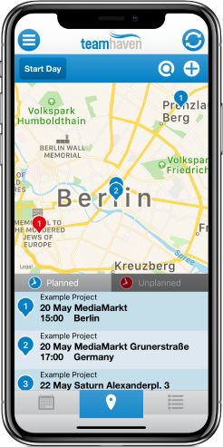 Phone showing map on TeamHaven Mobile app