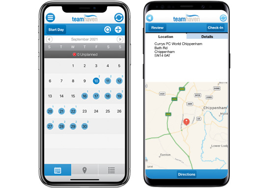 Two phones showing calendar and map on TeamHaven Mobile app