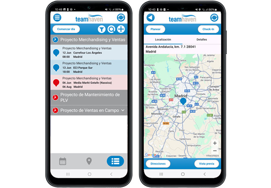 Dos móviles con calendario y mapa en la app móvil TeamHaven