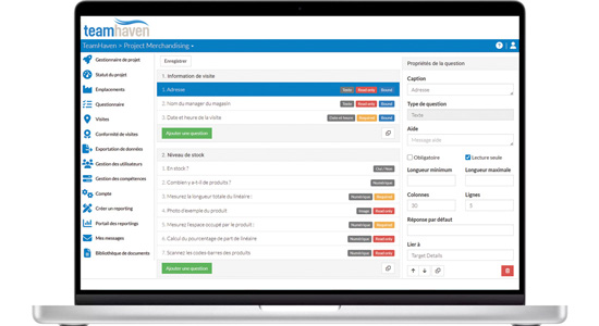 Ordinateur portable affichant l’éditeur de questionnaire sur le site TeamHaven