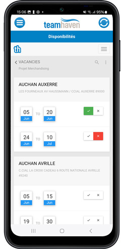 Téléphone affichant les missions sur l’app mobile TeamHaven