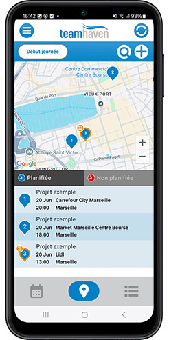 Téléphone affichant la carte sur l’app mobile TeamHaven
