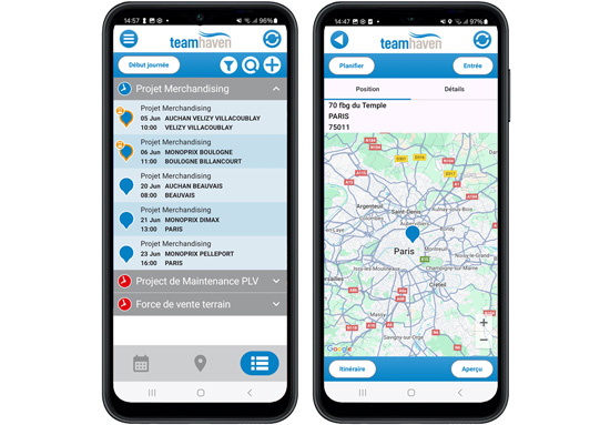 Deux téléphones affichant le calendrier et la carte sur l’app mobile TeamHaven